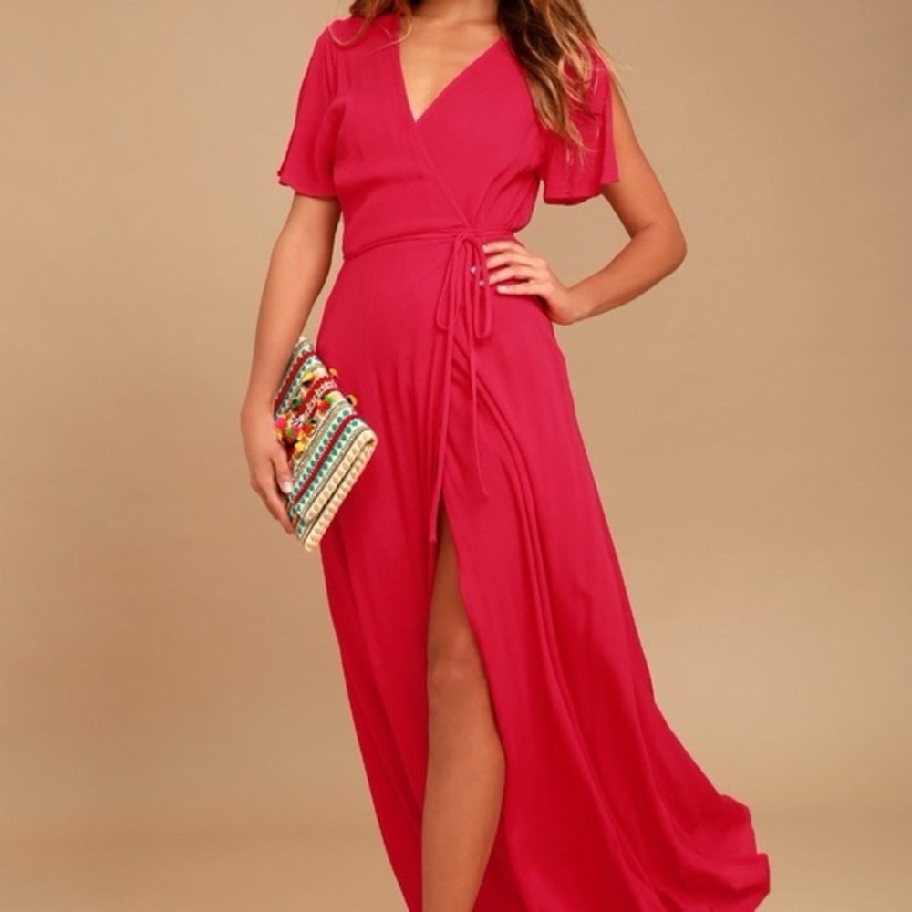 Heart of Marigold Coral Red True Wrap Maxi Dress boho festival adjustable S